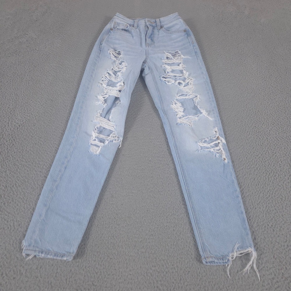 American Eagle Jeans Womens 000 Blue Mom Tapered Leg Distressed High Rise Casual